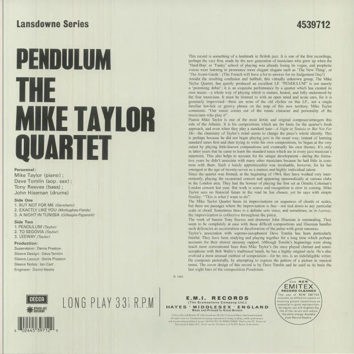 Обратная сторона обложки — MIKE TAYLOR QUARTET — Pendulum