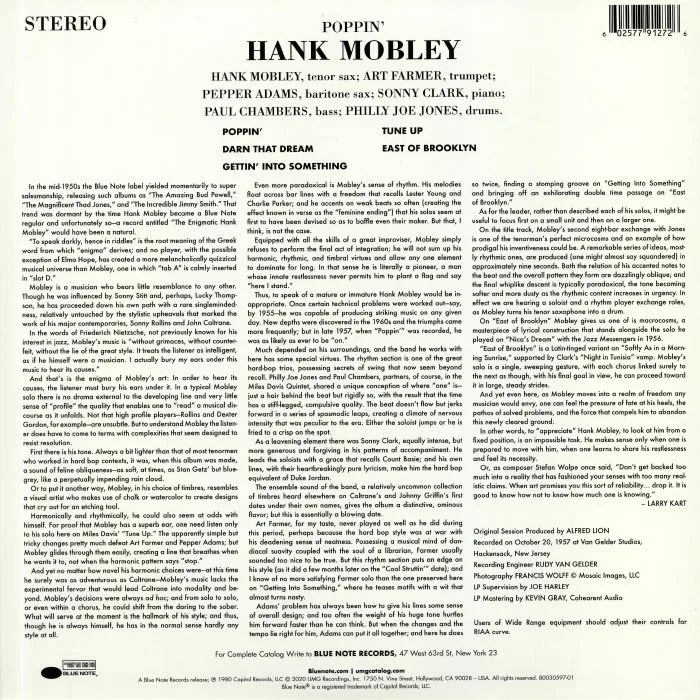 Back cover — Hank MOBLEY — Poppin' (Tone Poet Series) (reissue)