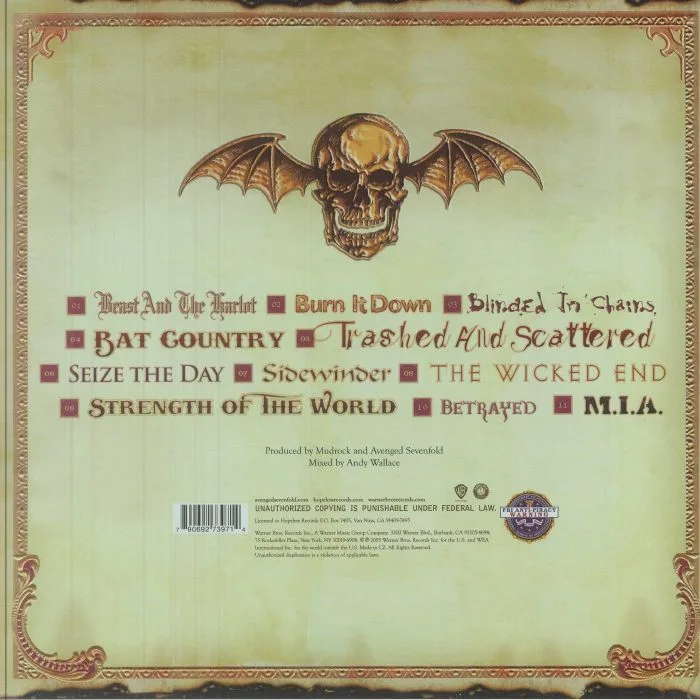 Обратная сторона обложки — AVENGED SEVENFOLD — City Of Evil (20th Anniversary Edition)