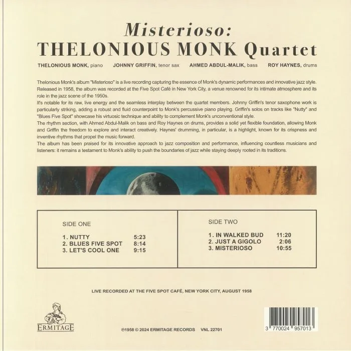 Обратная сторона обложки — THELONIOUS MONK QUARTET — Misterioso (reissue)