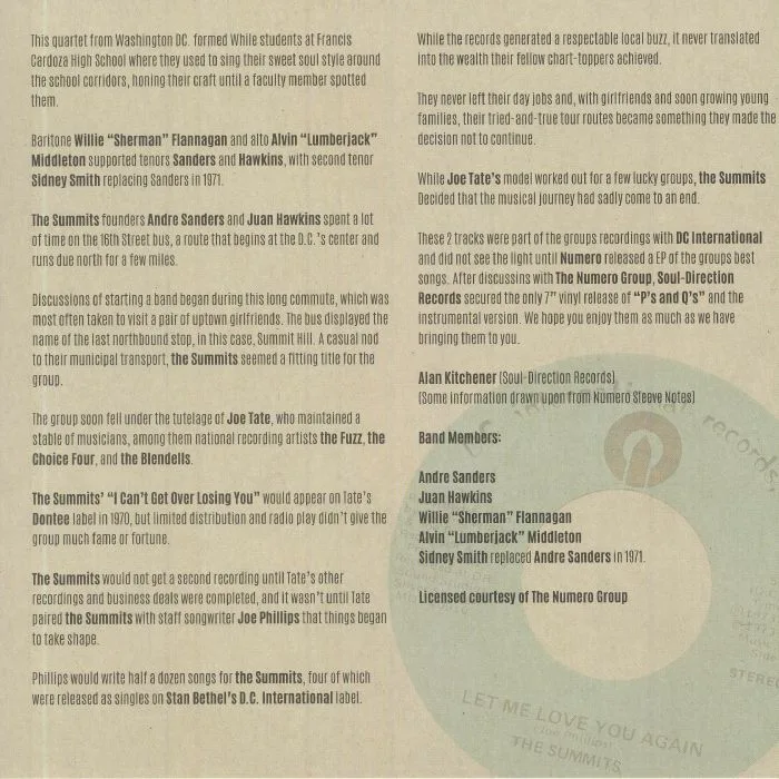 Back cover — The SUMMITS — P's & Q's
