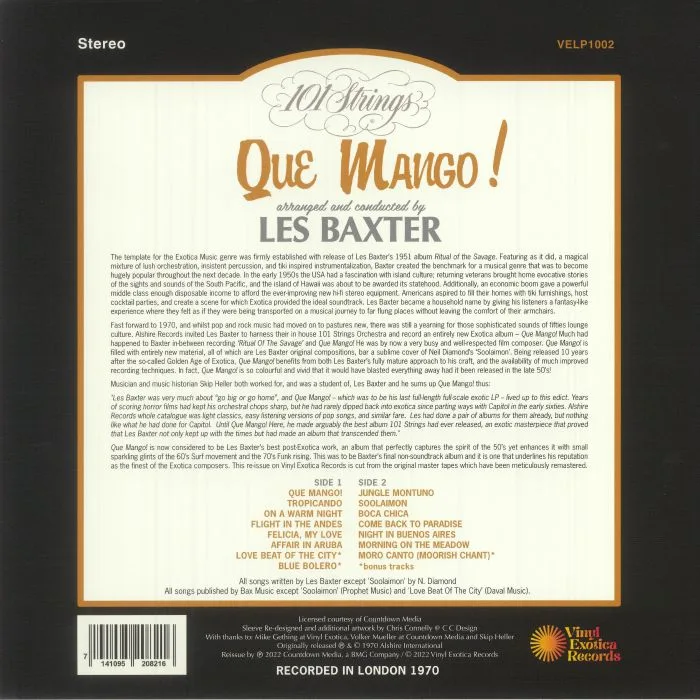 Обратная сторона обложки — Les BAXTER — Que Mango (Record Store Day RSD 2022)