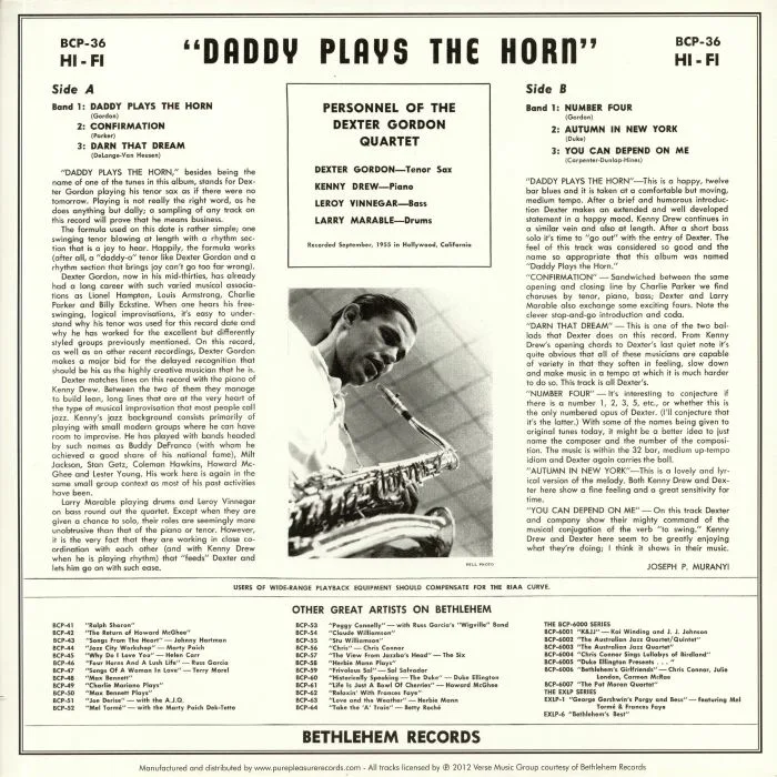 Обратная сторона обложки — Dexter GORDON — Daddy Plays The Horn (remastered)