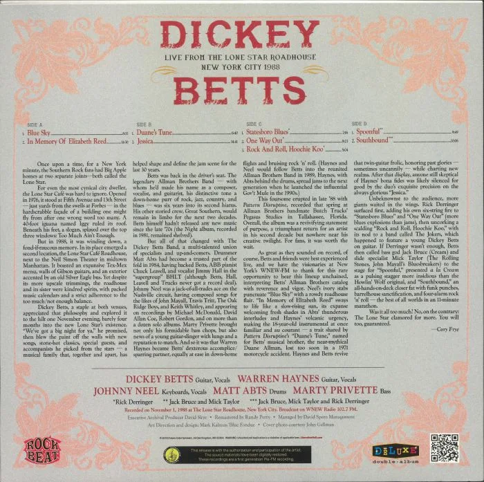 Обратная сторона обложки — Dickey BETTS — Live From The Lone Star Roadhouse New York City 1988 (reissue)