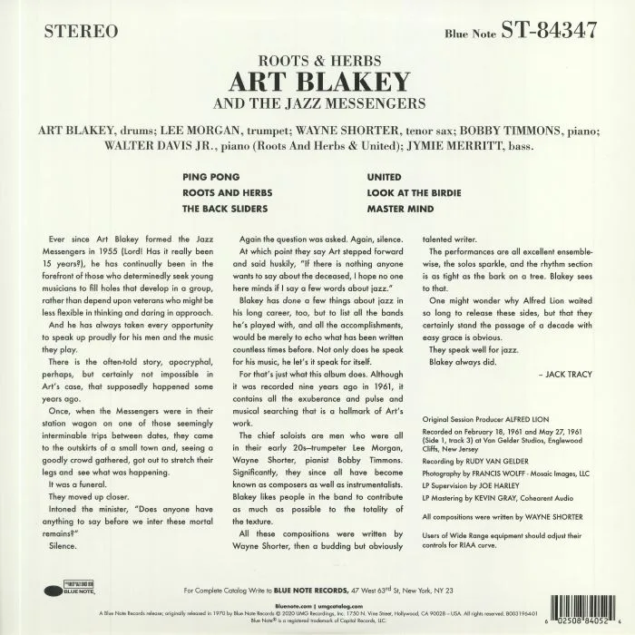 Back cover — Art BLAKEY & THE JAZZ MESSENGERS — Roots & Herbs (Tone Poet Series)