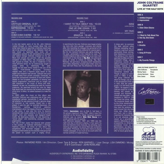 Back cover — JOHN COLTRANE QUARTET — Live At The Half Note (reissue)