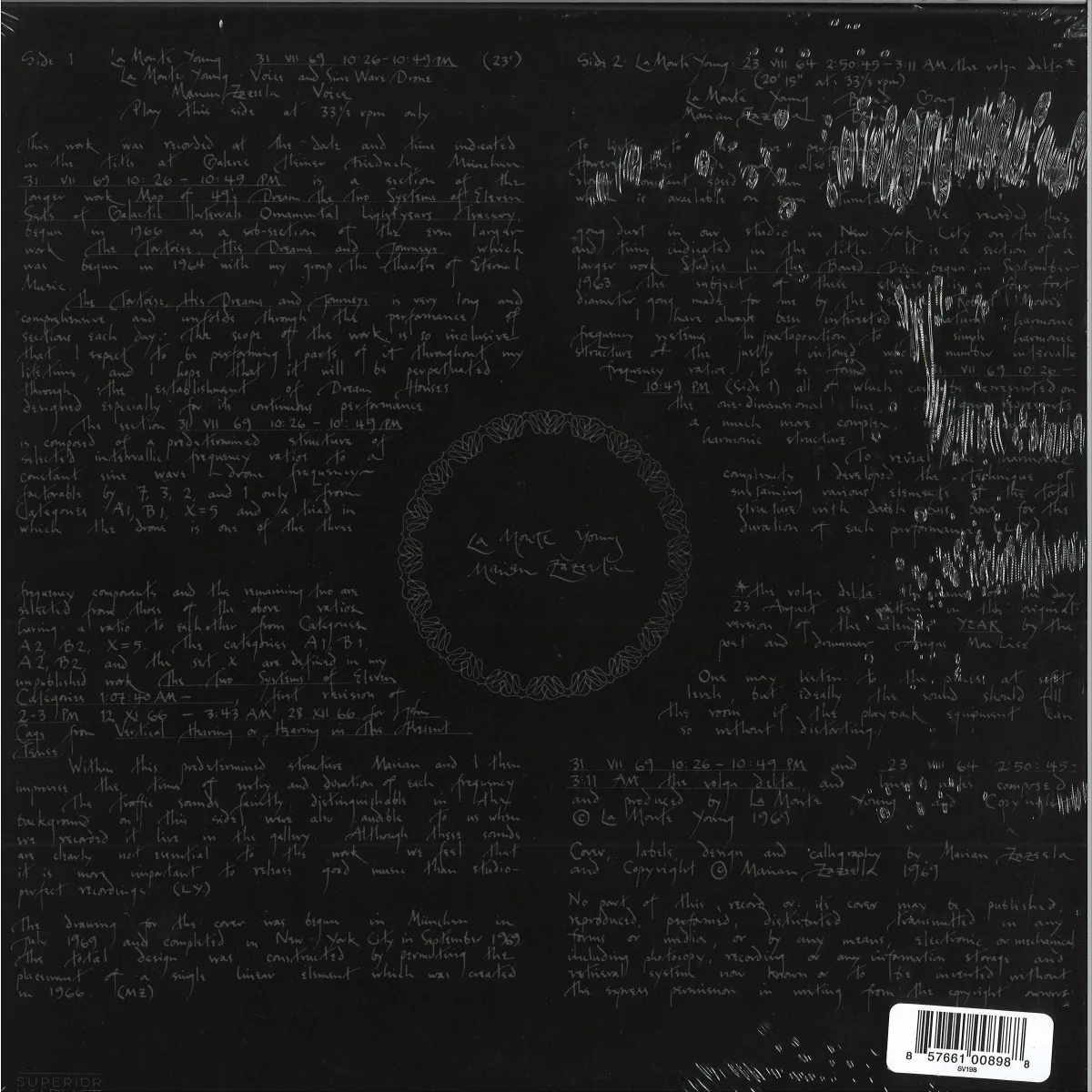 Back cover — La Monte Young/Marian Zazeela — 31 VII 69 10:26 - 10:49 PM / 23 VIII 64 2:50:45 - 3:11 AM The Volga Delta Superior Viaduct