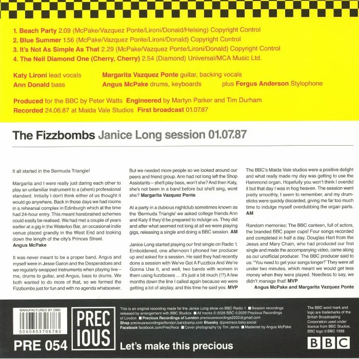 Back cover — The FIZZBOMBS — Janice Long Session 01 / 07 / 87