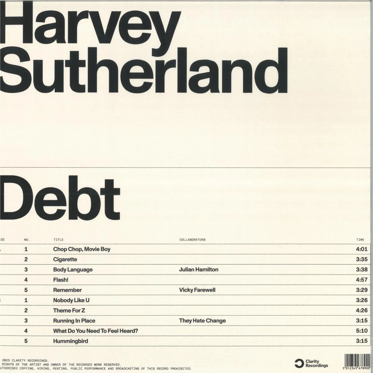 Обратная сторона обложки — Harvey Sutherland — Debt LP