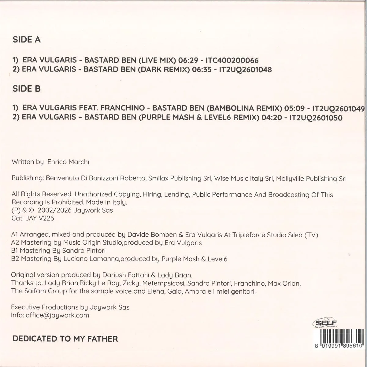 Обратная сторона обложки — ERA VULGARIS — Bastard Ben 25th anniversary