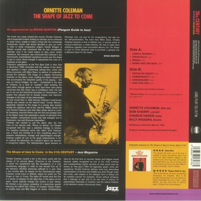 Back cover — Ornette COLEMAN — The Shape Of Jazz To Come (reissue)