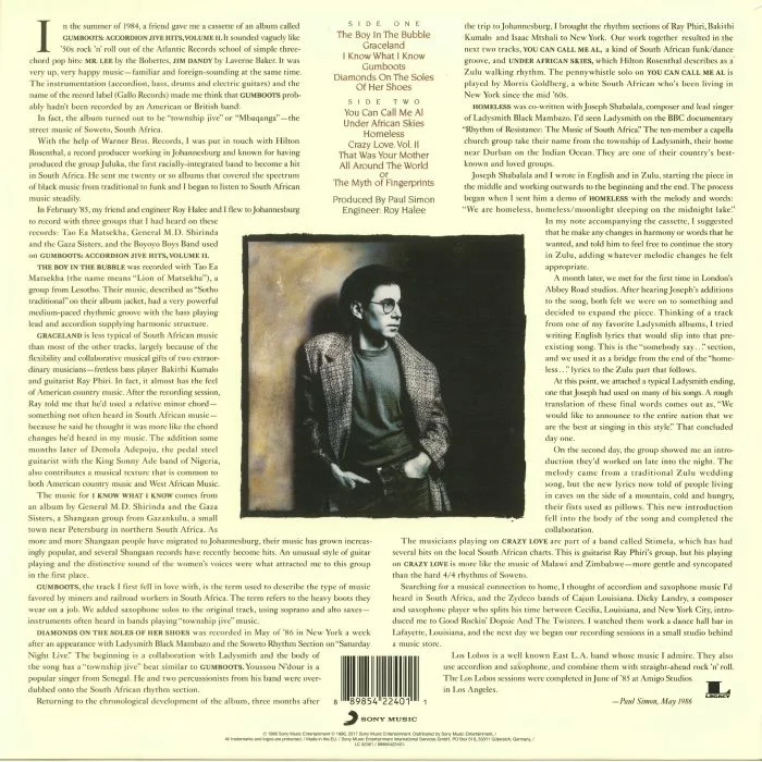 Обратная сторона обложки — Paul SIMON — Graceland (reissue)