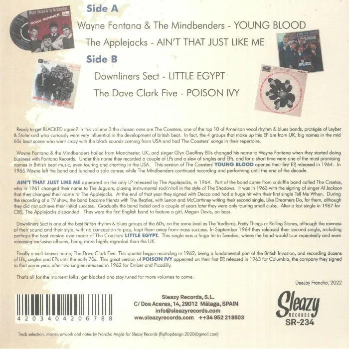 Back cover — WAYNE FONTANA & THE MINDBENDERS / THE APPLEJACKS / THE DAVE CLARK FIVE / DOWNLINERS SECT — Blacked! 'N' Coasted! Vol 3