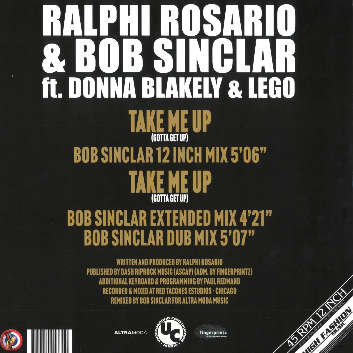 Back cover — RALPHI ROSARIO & BOB SINCLAR FEAT. DONNA BLAKELY & LEGO — Take Me Up