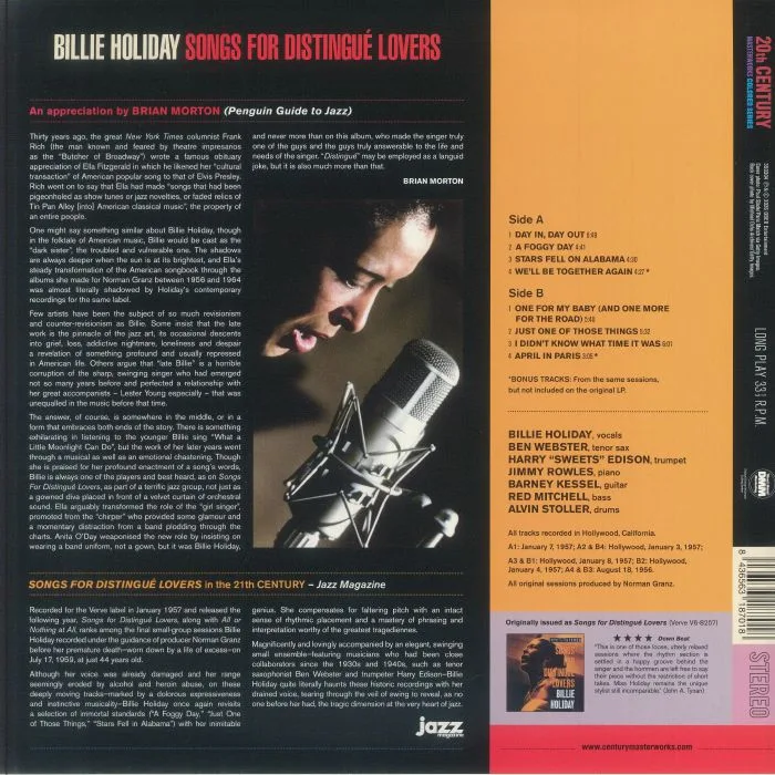 Back cover — Billie HOLIDAY — Songs For Distingue Lovers (reissue)