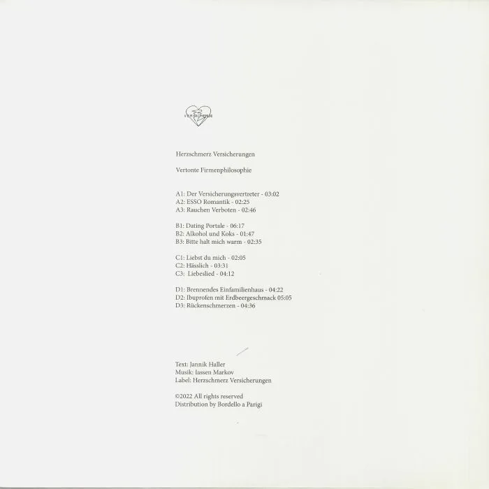 Back cover — HERZSCHMERZ VERSICHERUNGEN — Vertonte Firmenphilosophie