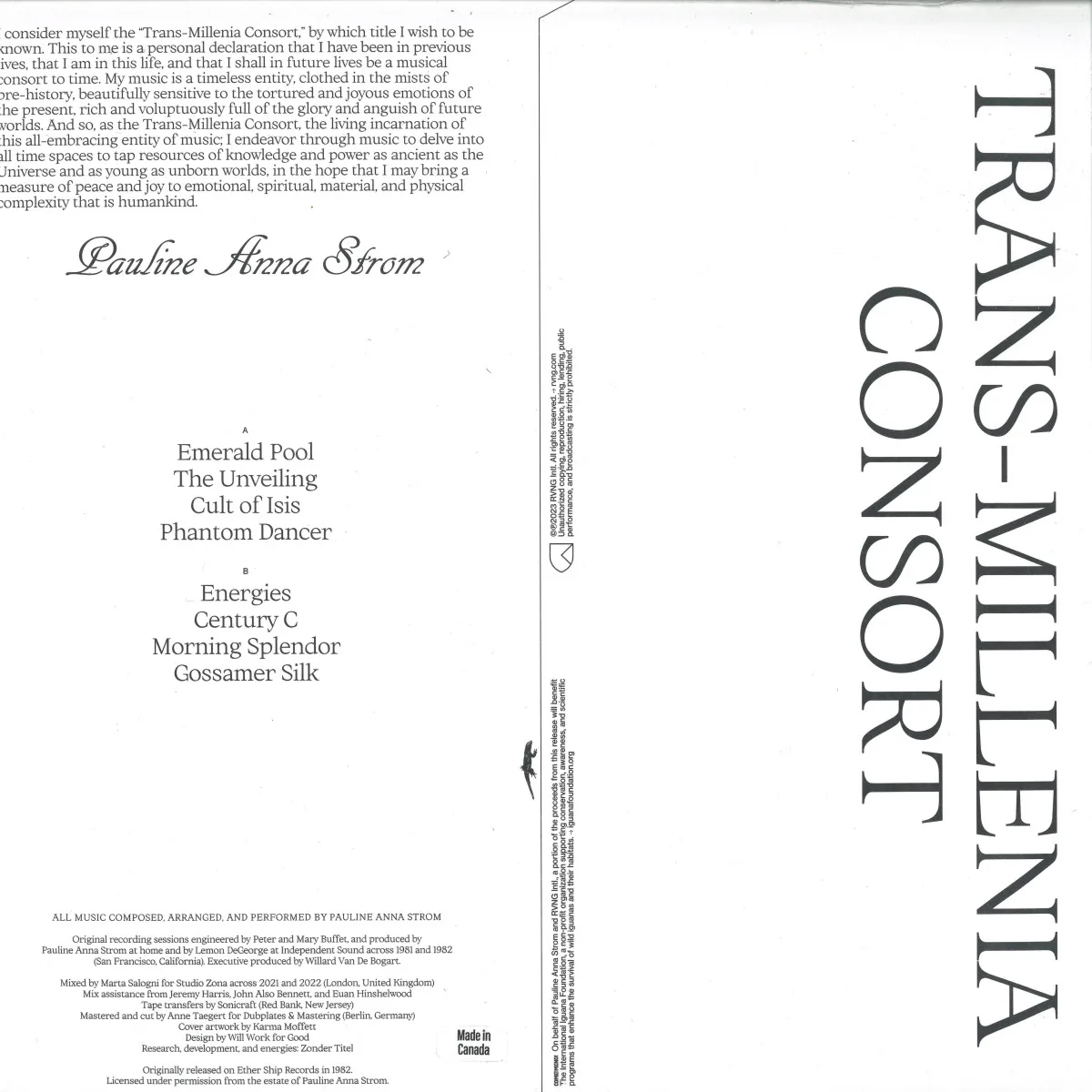 Back cover — Pauline Anna Strom — Trans-Millenia Consort LP