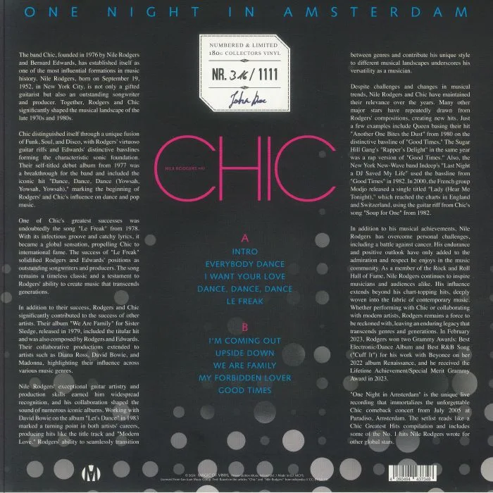 Back cover — CHIC — One Night In Amsterdam