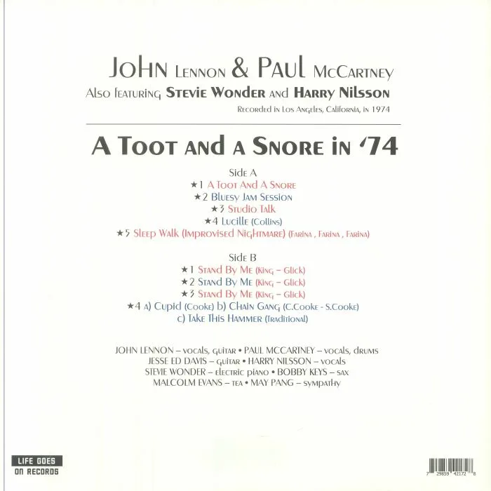 Обратная сторона обложки — John LENNON / PAUL McCARTNEY / STEVIE WONDER / HARRY NILSSON / VARIOUS — A Toot & A Snore In '74