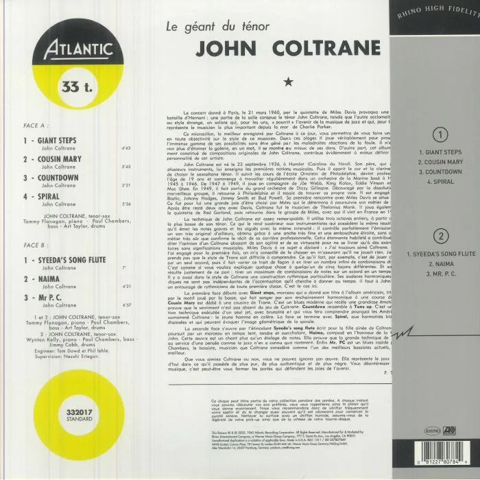 Обратная сторона обложки — John COLTRANE — Giant Steps (mono) (Rhino High Fidelity Edition)