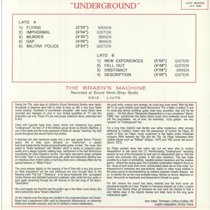 Back cover — The BRAEN'S MACHINE — Underground