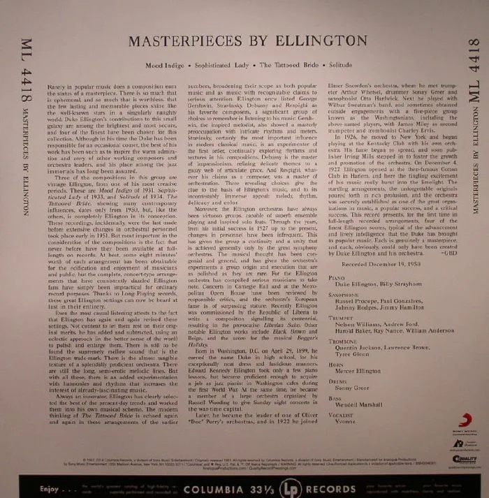 Обратная сторона обложки — Duke ELLINGTON & HIS ORCHESTRA — Masterpieces By Ellington (remastered)