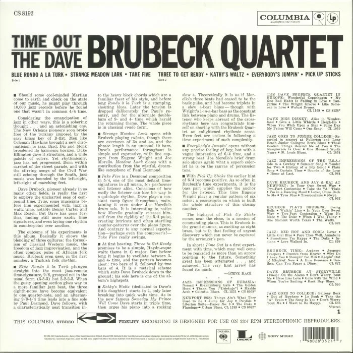 Обратная сторона обложки — The DAVE BRUBECK QUARTET — Time Out (reissue)
