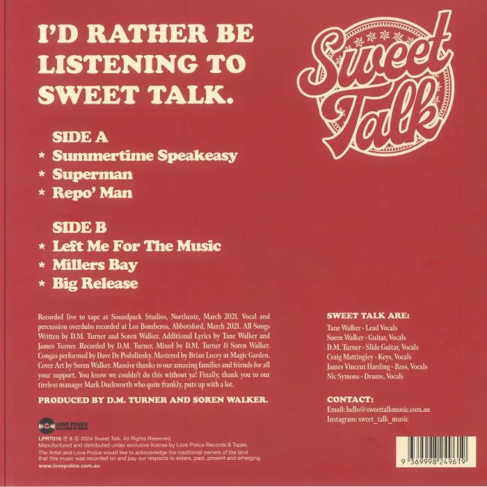 Back cover — SWEET TALK — I'd Rather Be Listening To Sweet Talk