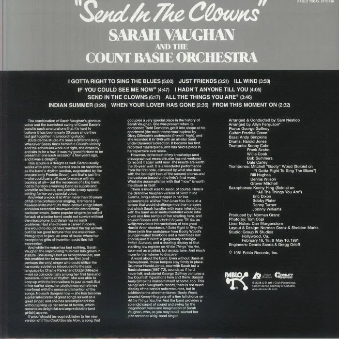 Обратная сторона обложки — Sarah VAUGHAN / THE COUNT BASIE ORCHESTRA — Send In The Clowns (remastered)