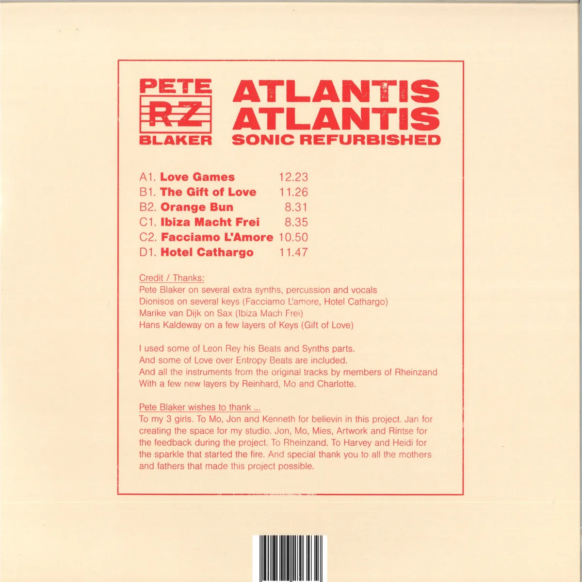 Back cover — Rheinzand V Pete Blaker — Atlantis Atlantis - Sonic Refurbished LP 2x12"