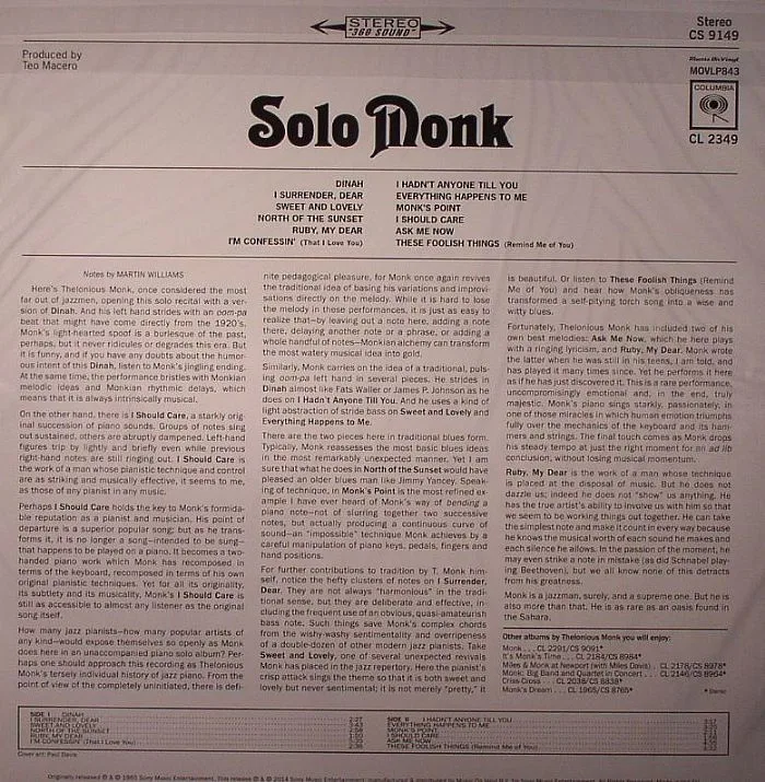 Back cover — Thelonious MONK — Solo Monk