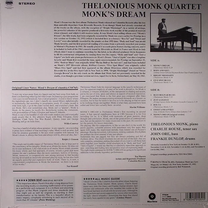 Back cover — The THELONIUS MONK QUARTET — Monk's Dream