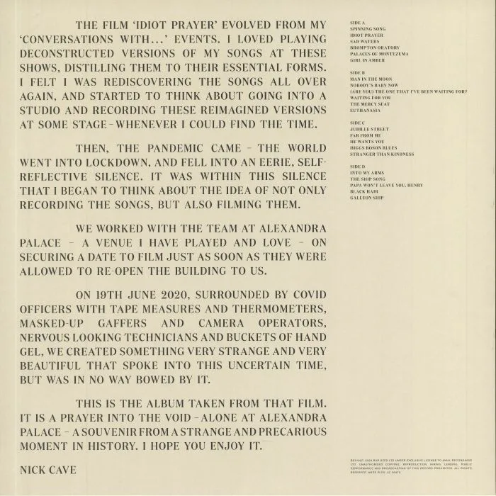 Back cover — Nick CAVE — Idiot Prayer: Alone At Alexandra Palace