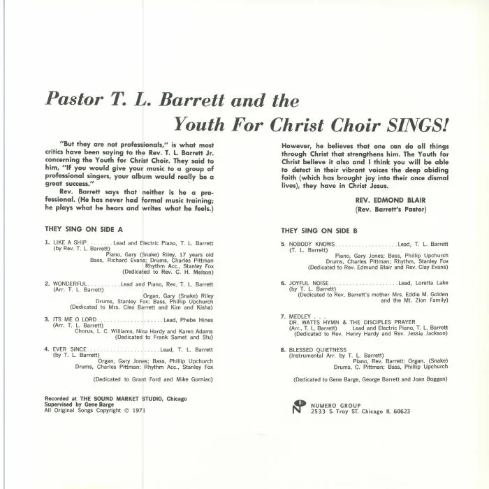 Back cover — Pastor TL BARRETT / THE YOUTH FOR CHRIST CHOIR SINGS — Like A Ship (Without A Sail) (reissue)