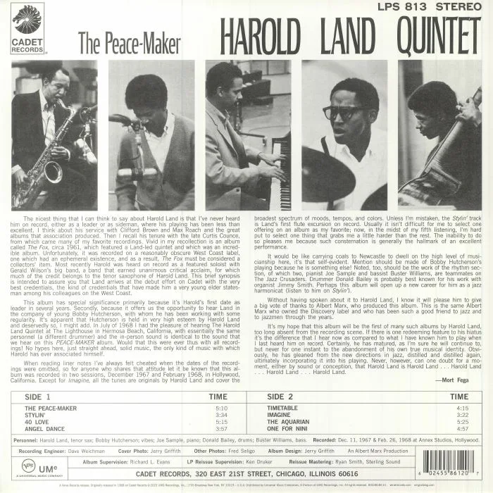 Back cover — HAROLD LAND QUINTET — The Peace Maker (Verve By Request)