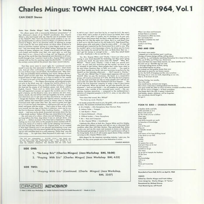 Обратная сторона обложки — Charles MINGUS — Town Hall Concert 1964 Vol 1 (Record Store Day RSD 2026)