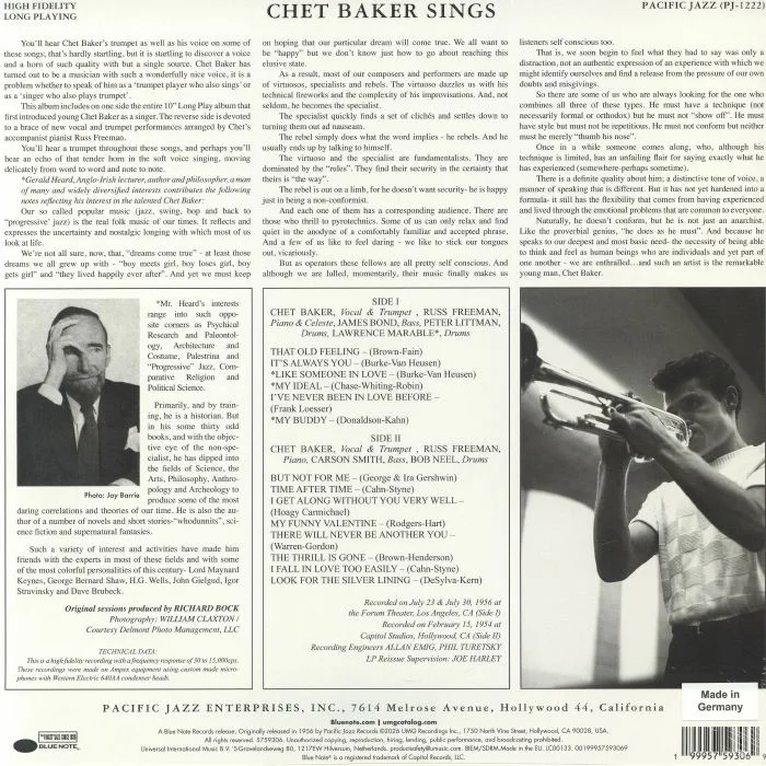 Обратная сторона обложки — Chet BAKER — Chet Baker Sings (Blue Note Essentials Vinyl Series)