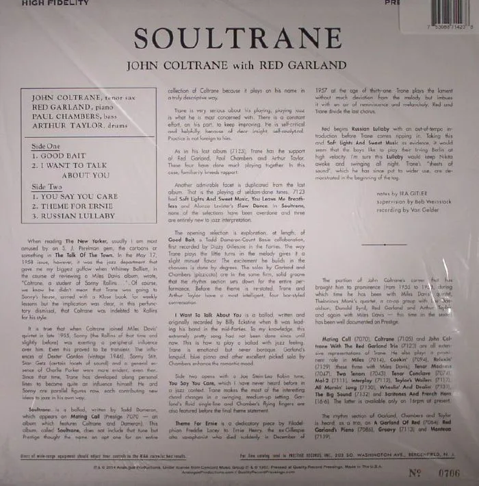 Обратная сторона обложки — John COLTRANE / RED GARLAND — Soultrane