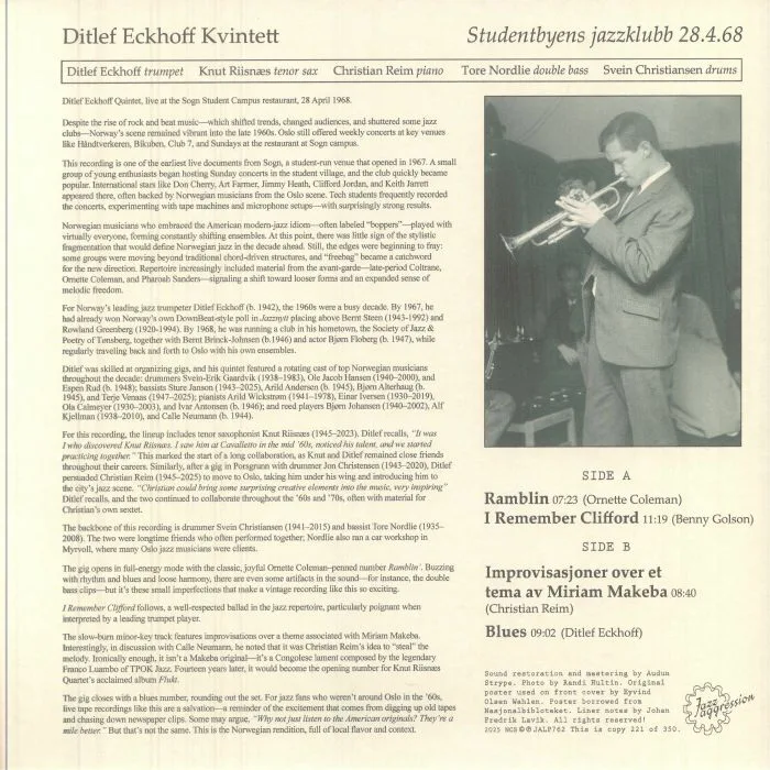 Back cover — DITLEF ECKHOFF QUINTET — Live At Sogn Student Campus 1968