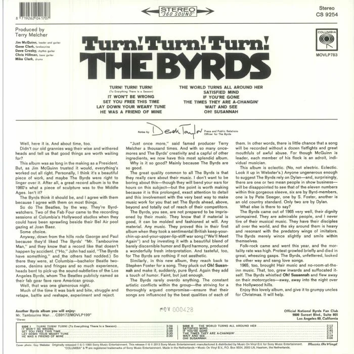 Back cover — The BYRDS — Turn! Turn! Turn! (60th Anniversary Edition)