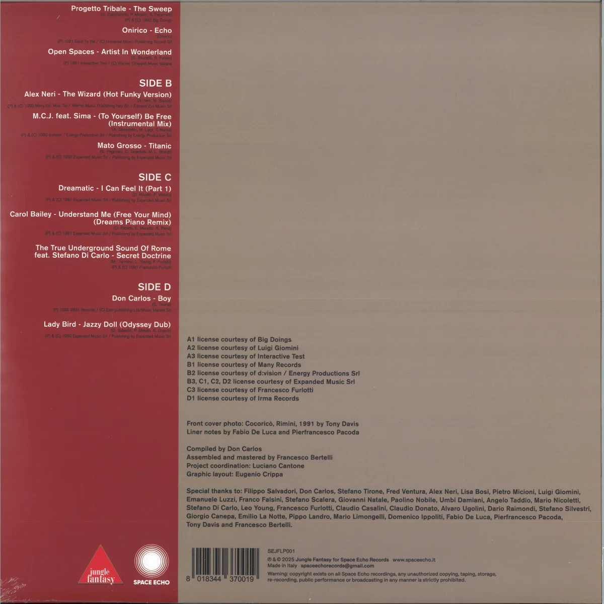 Back cover — Various — ECHOES OF ITALY - ARTISTS IN WONDERLAND – EARLY 90S HOUSE VIBES VOL.1 LP 2x12"