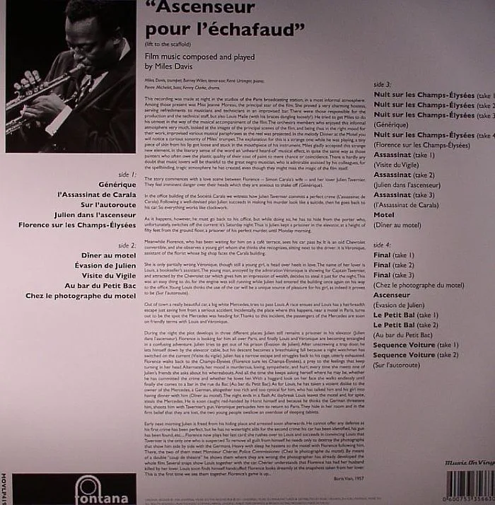 Обратная сторона обложки — Miles DAVIS — Ascenseur Pour L'Echafaud