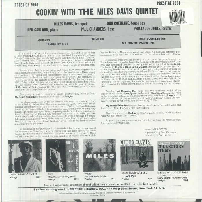 Back cover — The MILES DAVIS QUINTET — Cookin' With The Miles Davis Quintet (reissue)