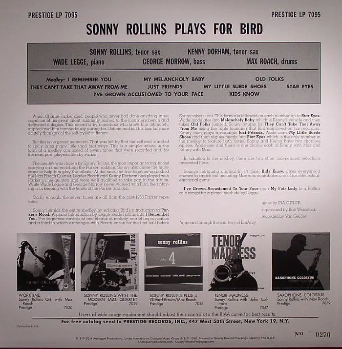 Обратная сторона обложки — SONNY ROLLINS QUINTET / KENNY DORHAM / MAX ROACH — Rollins Plays For Bird (mono)