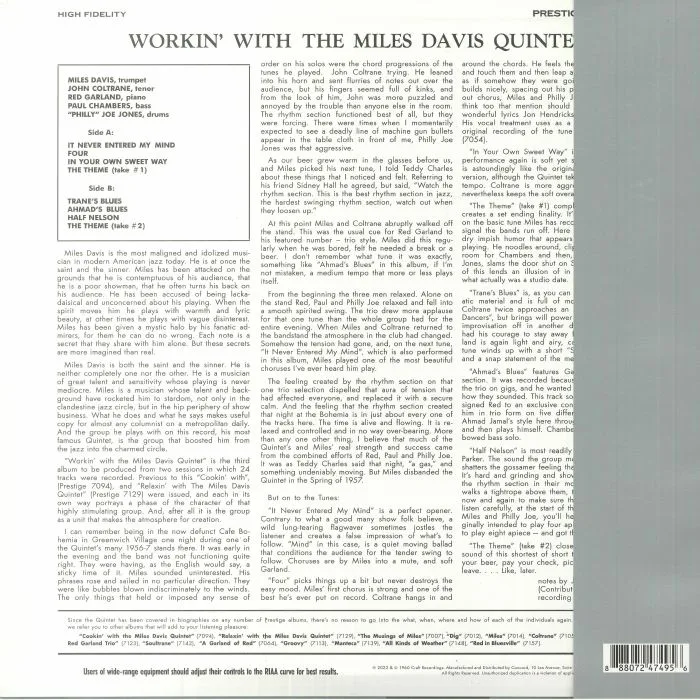 Обратная сторона обложки — The MILES DAVIS QUINTET — Workin' With The Miles Davis Quintet