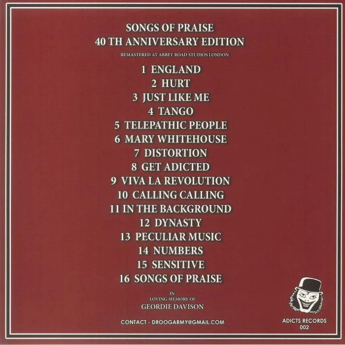 Back cover — The ADICTS — Songs Of Praise (40th Anniversary Edition)