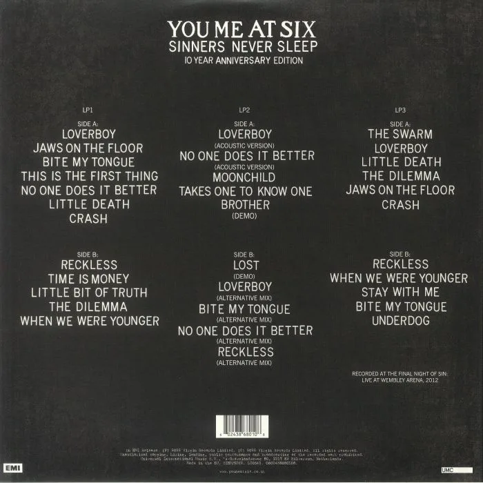Back cover — YOU ME AT SIX — Sinners Never Sleep (10 Year Anniversary Edition)