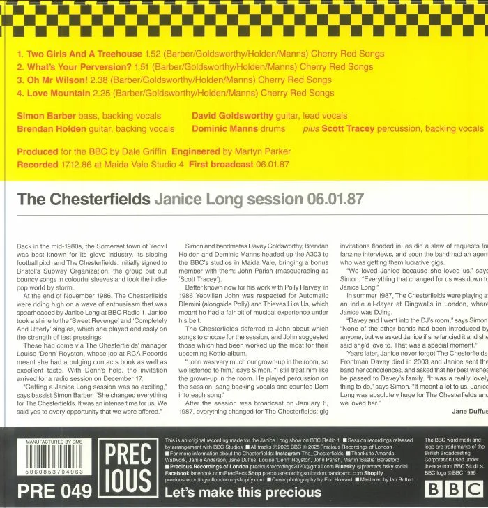 Back cover — The CHESTERFIELDS — Janice Long Session 06 / 01 / 87
