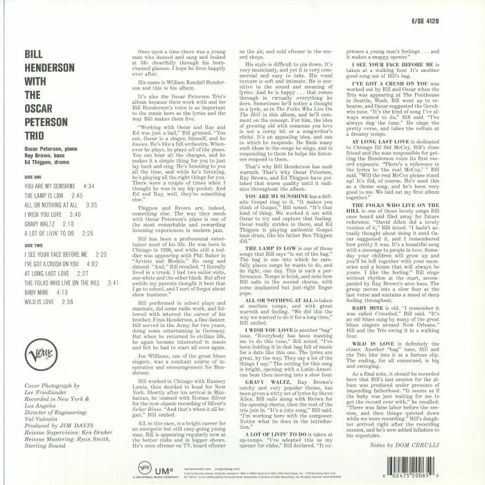 Обратная сторона обложки — Bill HENDERSON with OSCAR PETERSON TRIO — With The Oscar Peterson Trio