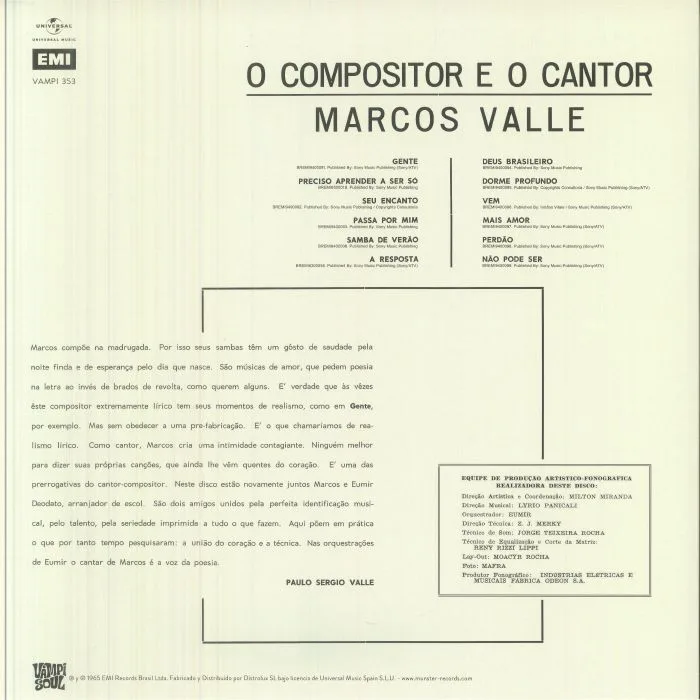 Обратная сторона обложки — Marcos VALLE — O Compositor E O Cantor